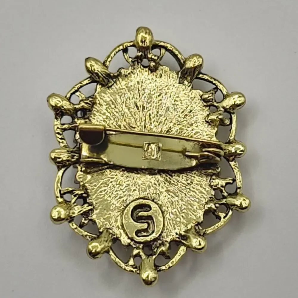 Classic Cameo Brooch White on Black Gold Filigree Frame Smaller Size